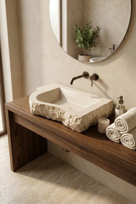 حوض مغسلة حجر طبيعي مستطيل بواجهة خام – 68×51 سم